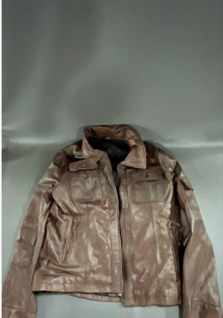 Brown leather multi-pocket field jacket men's M clean source photo