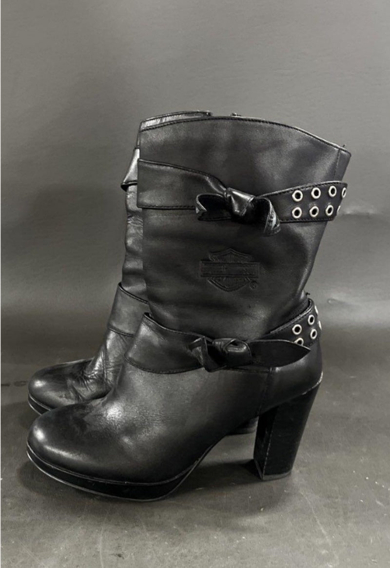 Vintage Harley-Davidson black leather studded heeled biker boots women's 6.5 clean source photo
