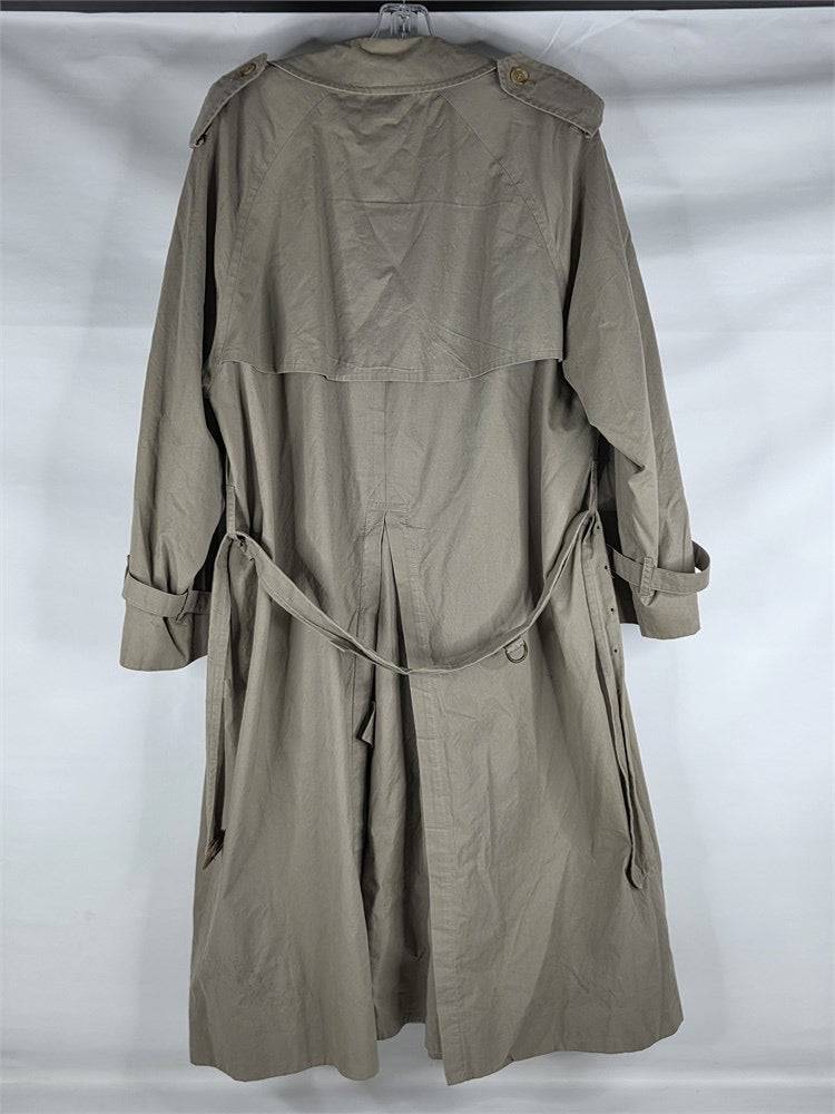 Rear view of the Burberrys khaki trench coat, showing storm flap and belt