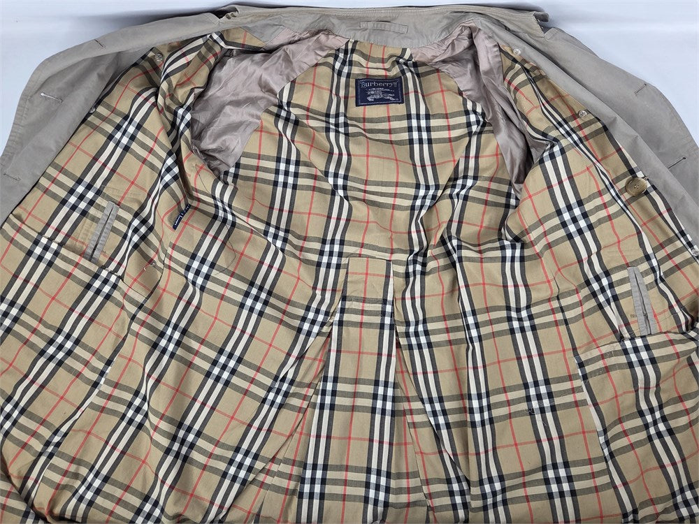 Burberrys khaki trench coat interior showing checked lining