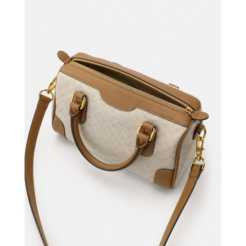 Gucci Vintage Micro GG Monogram Boston Bag Tan Leather Crossbody Authenticated