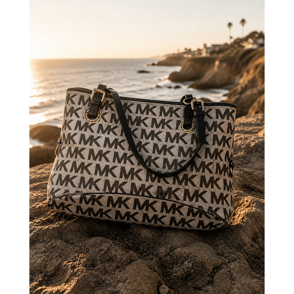 Michael Kors Jet Set MK Logo Tote Signature Canvas Black Leather Bag