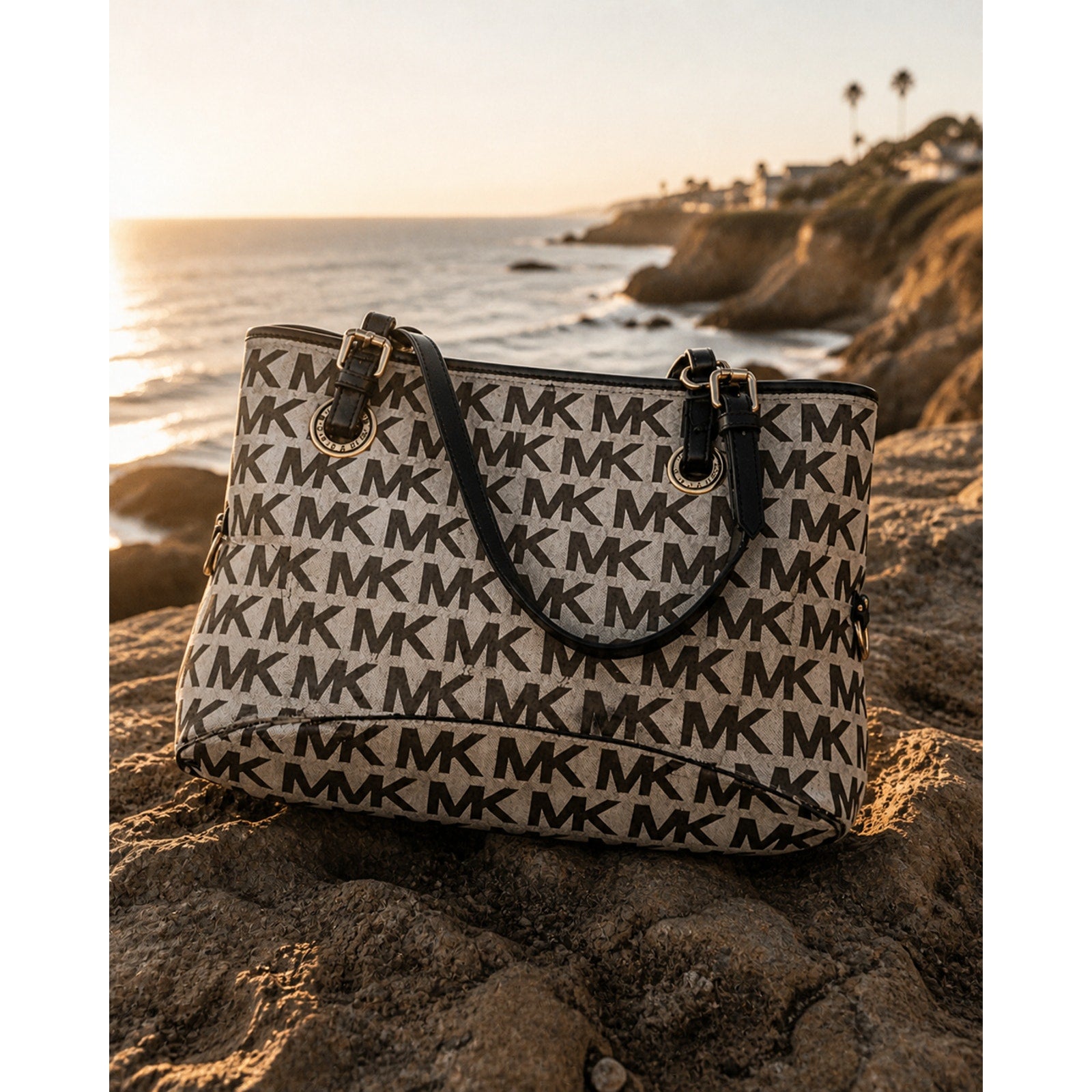 Michael Kors Jet Set MK Logo Tote Signature Canvas Black Leather Bag