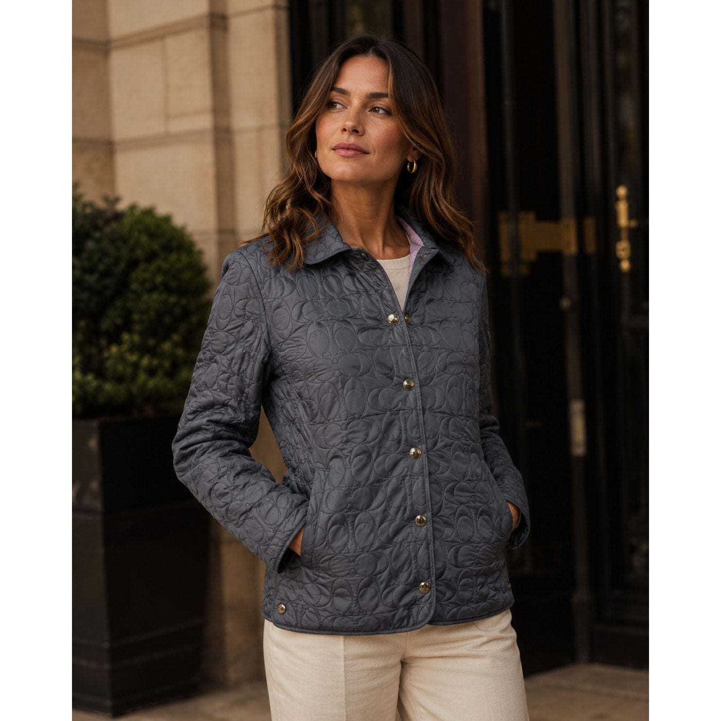 Coach Gray Signature Quilted Jacket Pink Lining Women XS