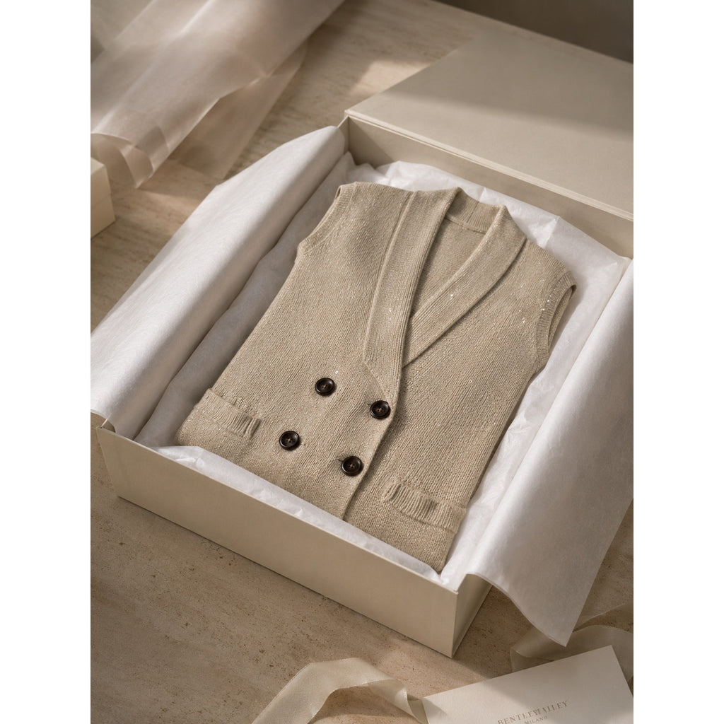 Brunello Cucinelli V-Neck Cardigan Vest Sequin Beige Size S