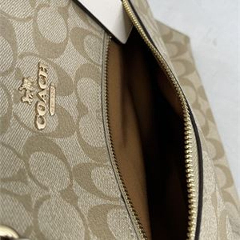 Authentic Coach Gallery Tote shoulder bag in khaki signature canvas with chalk leather trim and gold tone hardware