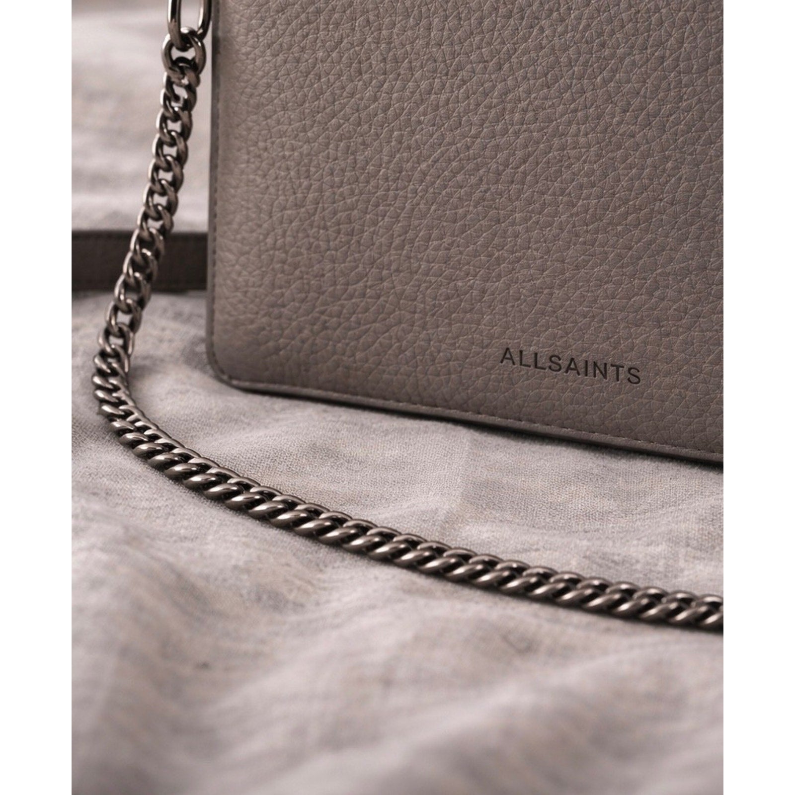 AllSaints Fetch Pebbled Leather Chain Crossbody Bag Black Matte