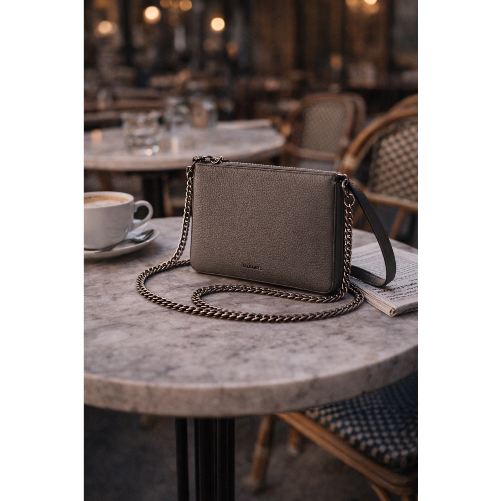 AllSaints Fetch Pebbled Leather Chain Crossbody Bag Black Matte