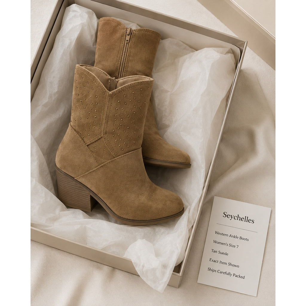 Seychelles Skye Western Boots Women 7 Tan Suede Studded Block Heel