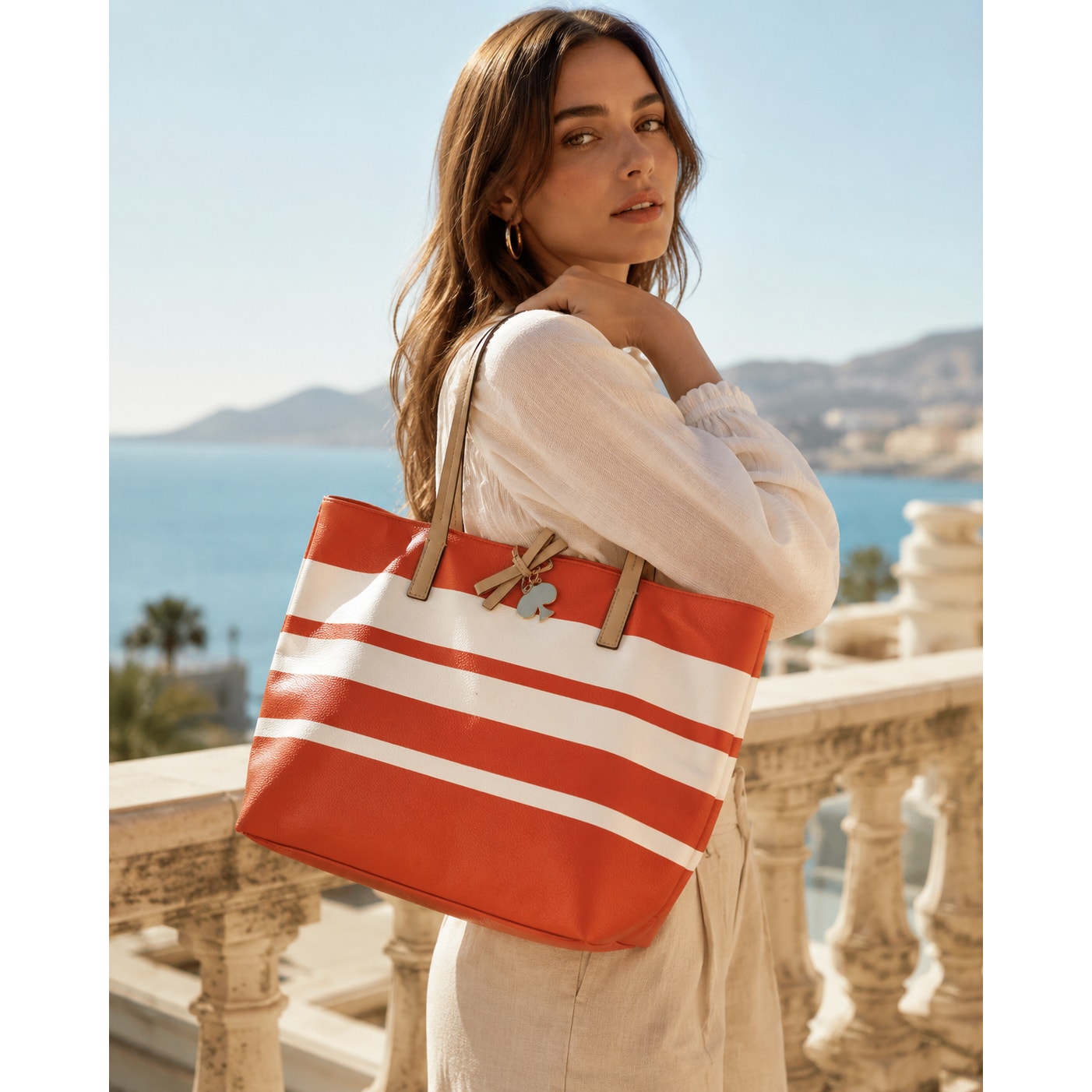 Kate Spade Hawthorne Lane Ryan Orange White Striped Tote Bag