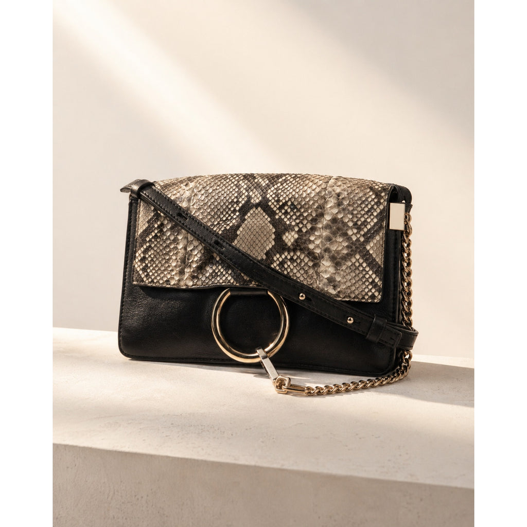 Chloé Faye Leather Snakeskin Flap Crossbody Black Gold Ring