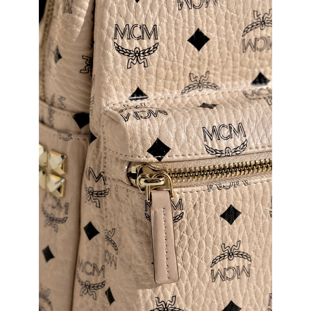MCM Stark Side Studs Visetos Backpack Beige Leather Trim Small