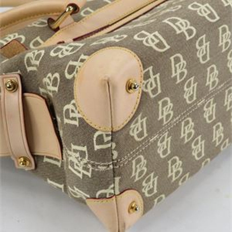 Dooney & Bourke Signature DB Monogram Pocket Satchel Tan Brown Leather Trim