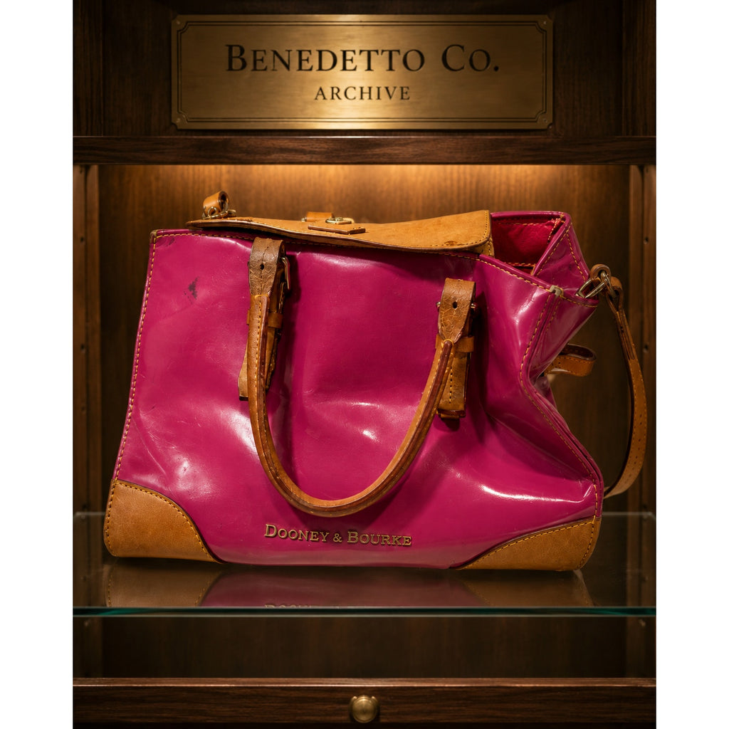 Dooney & Bourke Y2K Fuchsia Patent Leather Satchel Tote Tan Trim