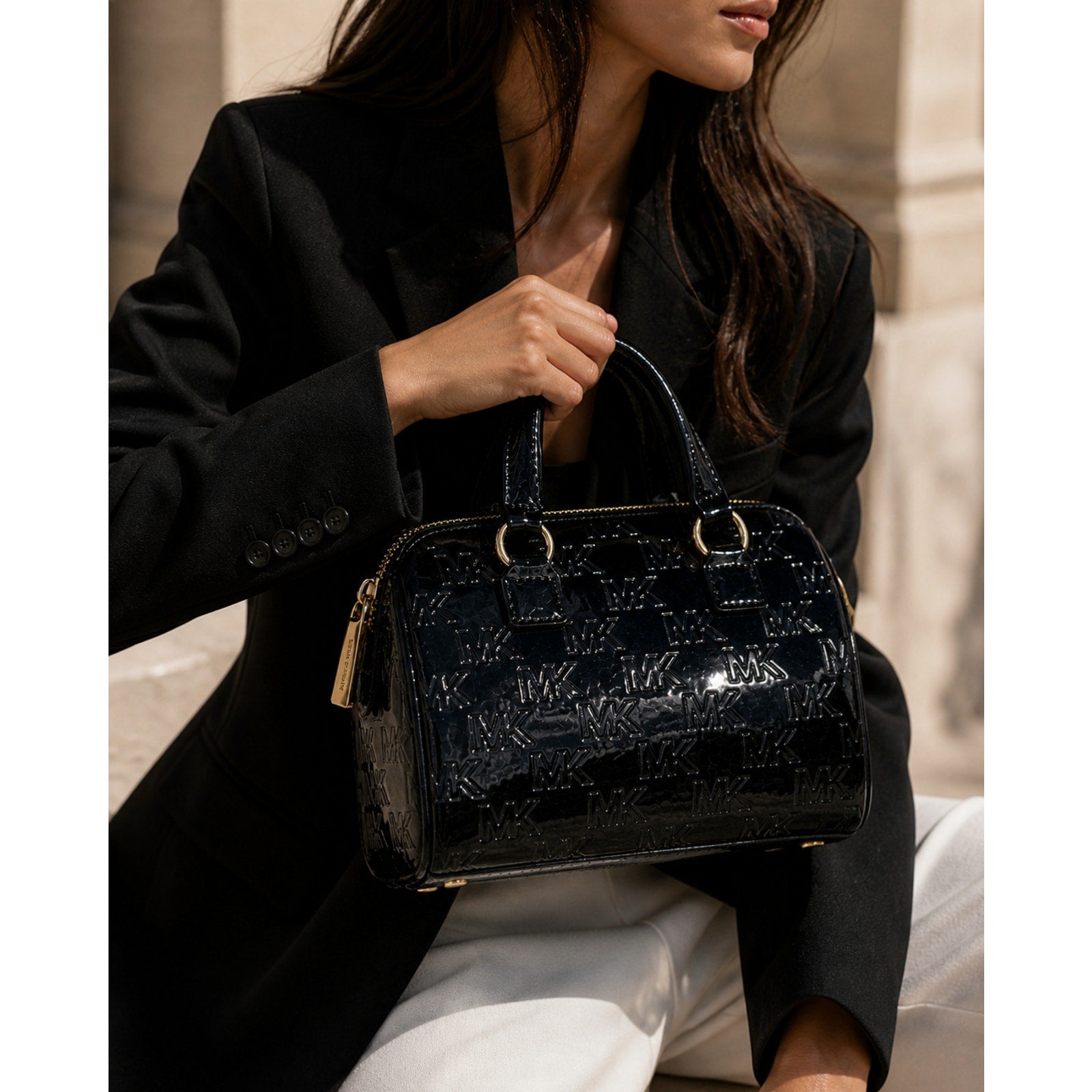 Michael Kors Mason Small Patent Leather Duffle Satchel Black