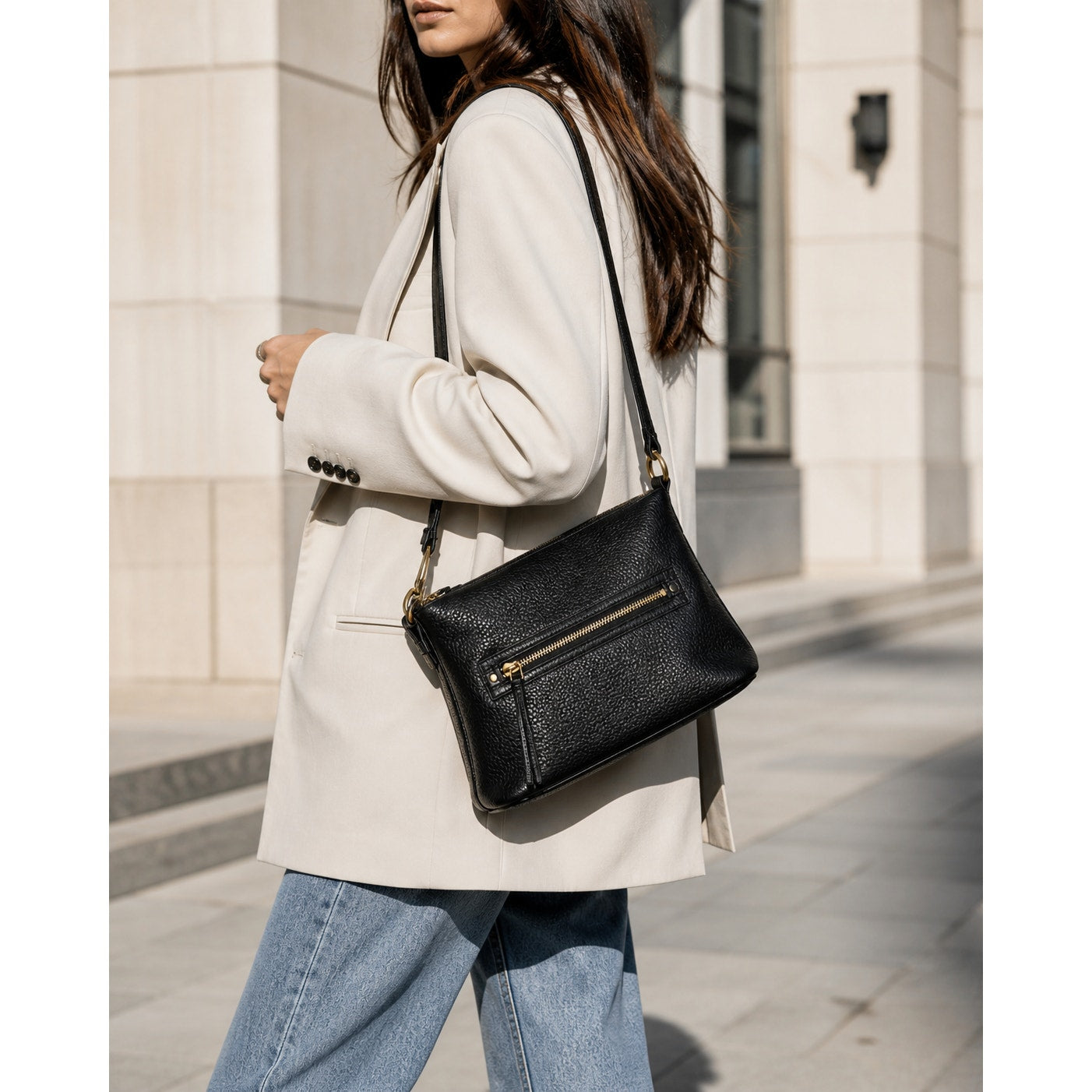 Michael Kors Rhea Black Pebbled Leather Shoulder Bag