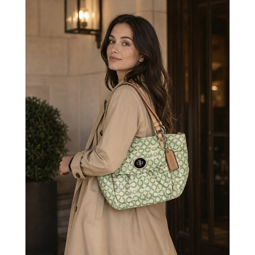 Coach Op Art Signature Coated Canvas Tote Green White Leather Trim