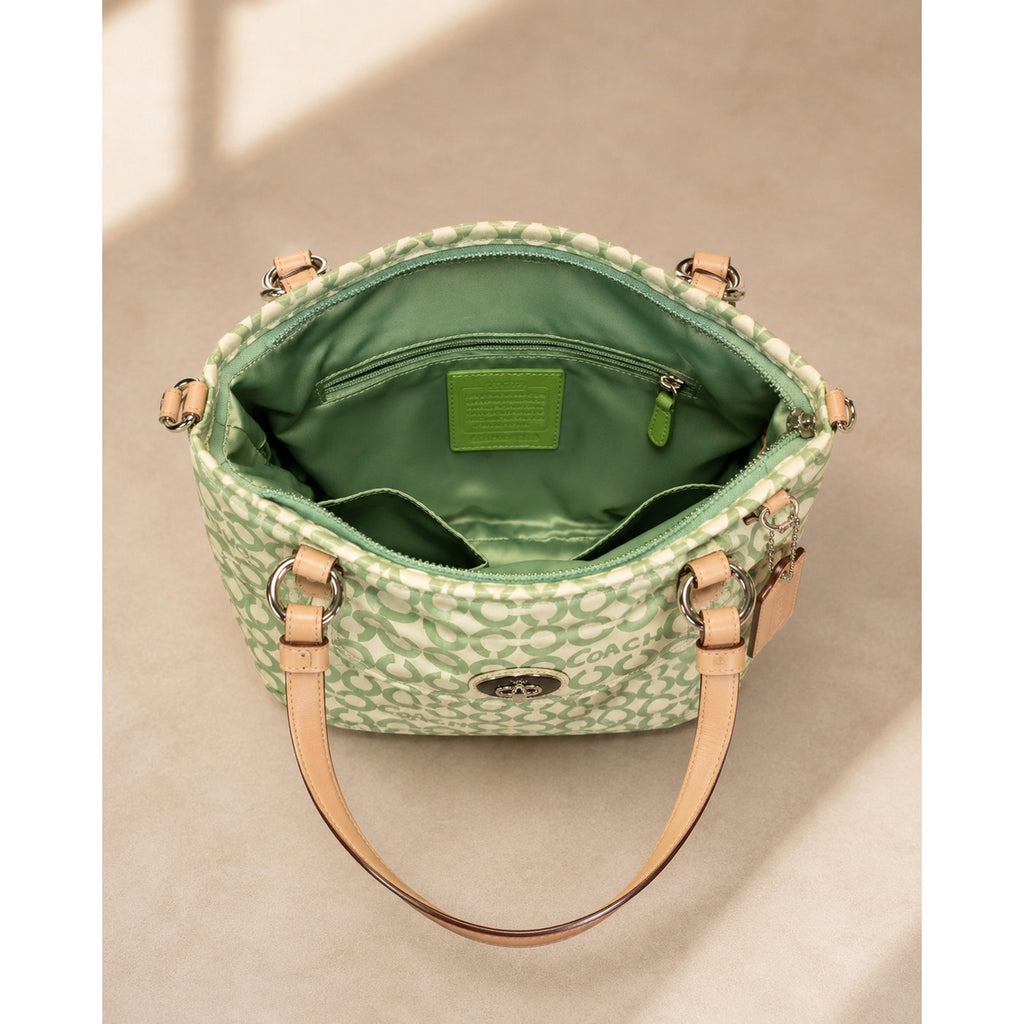 Coach Op Art Signature Coated Canvas Tote Green White Leather Trim