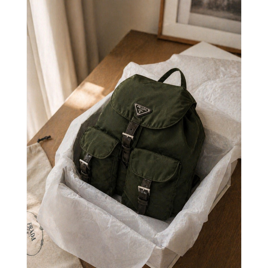 Prada Tessuto Nylon Backpack Olive Green Utility Vela Bag