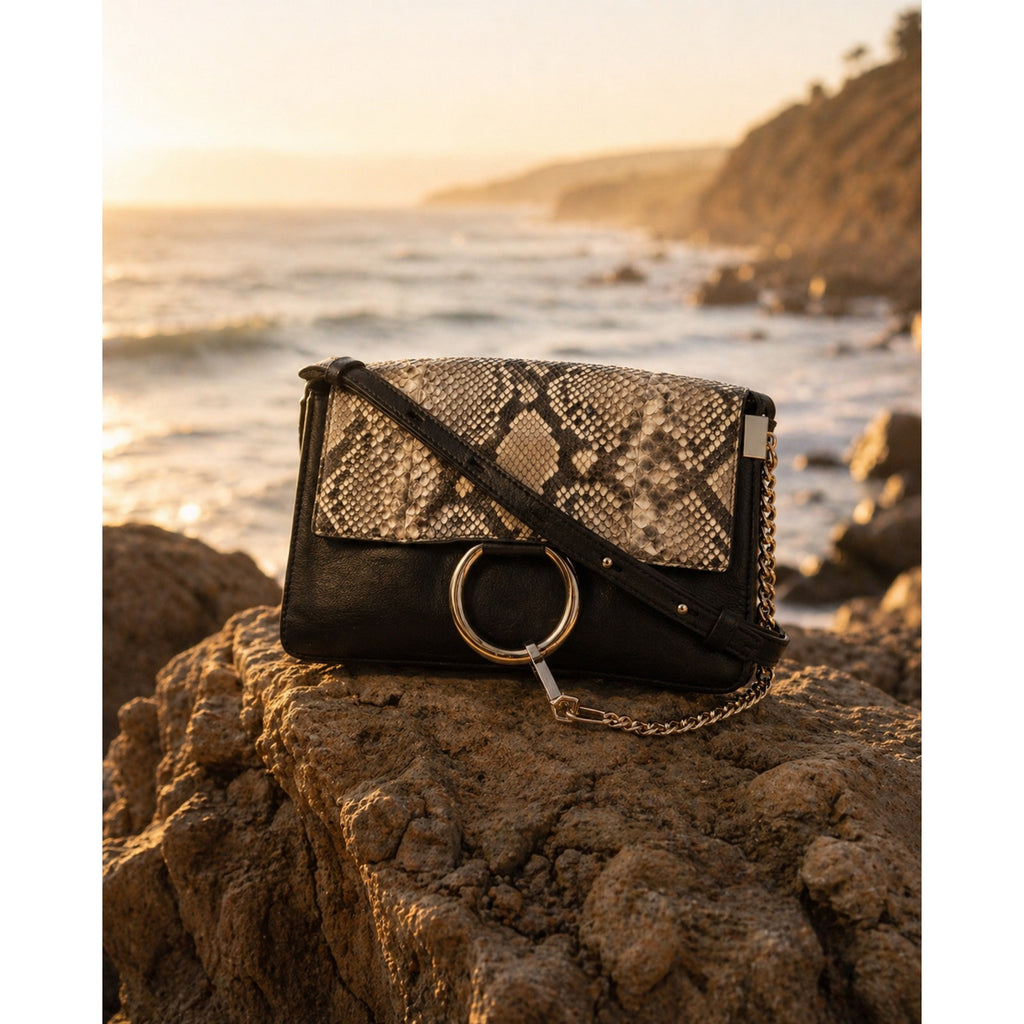 Chloé Faye Leather Snakeskin Flap Crossbody Black Gold Ring