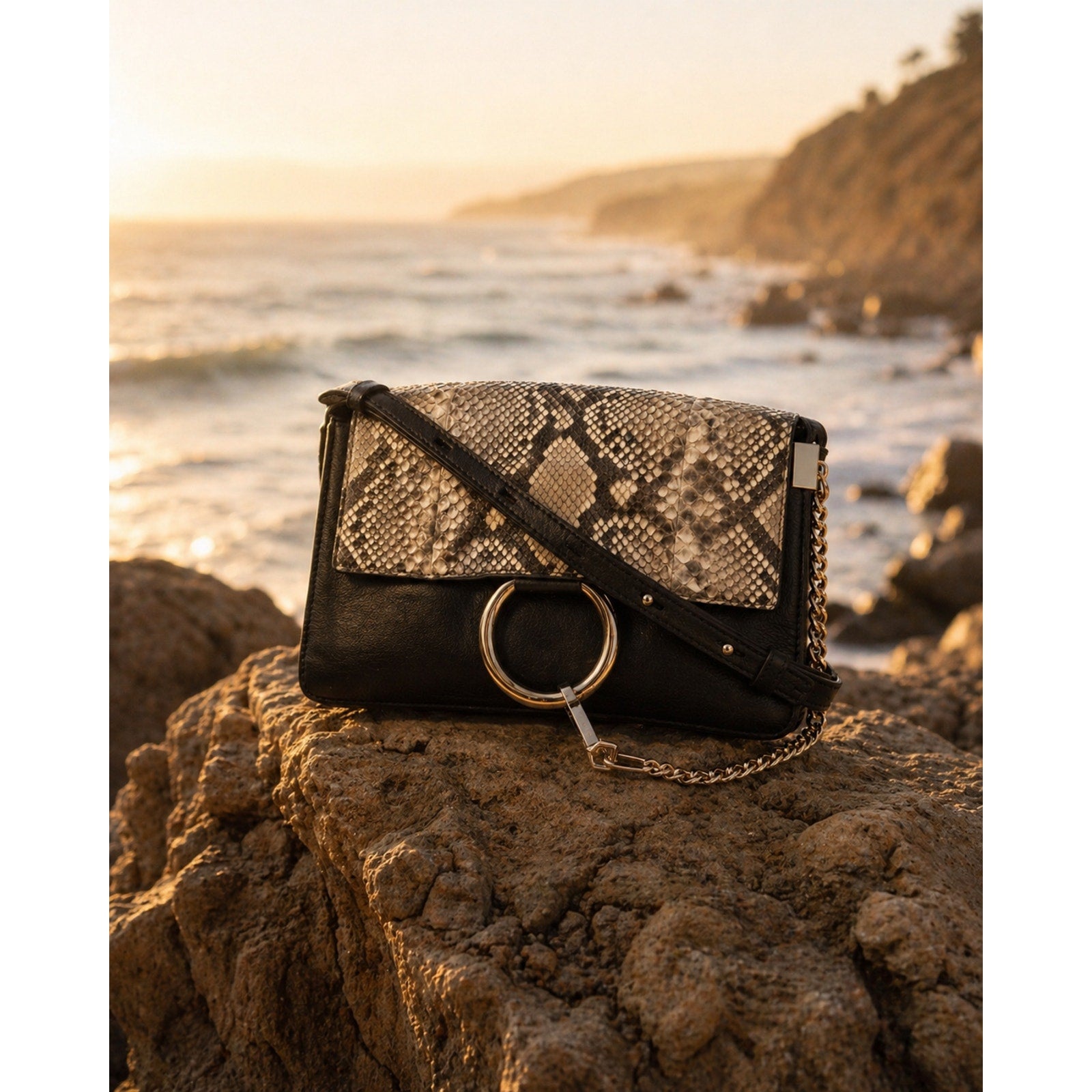 Chloé Faye Leather Snakeskin Flap Crossbody Black Gold Ring