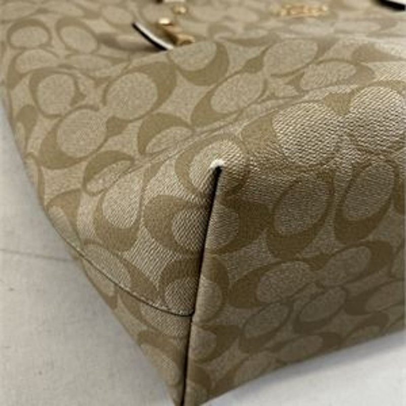 Authentic Coach Gallery Tote shoulder bag in khaki signature canvas with chalk leather trim and gold tone hardware