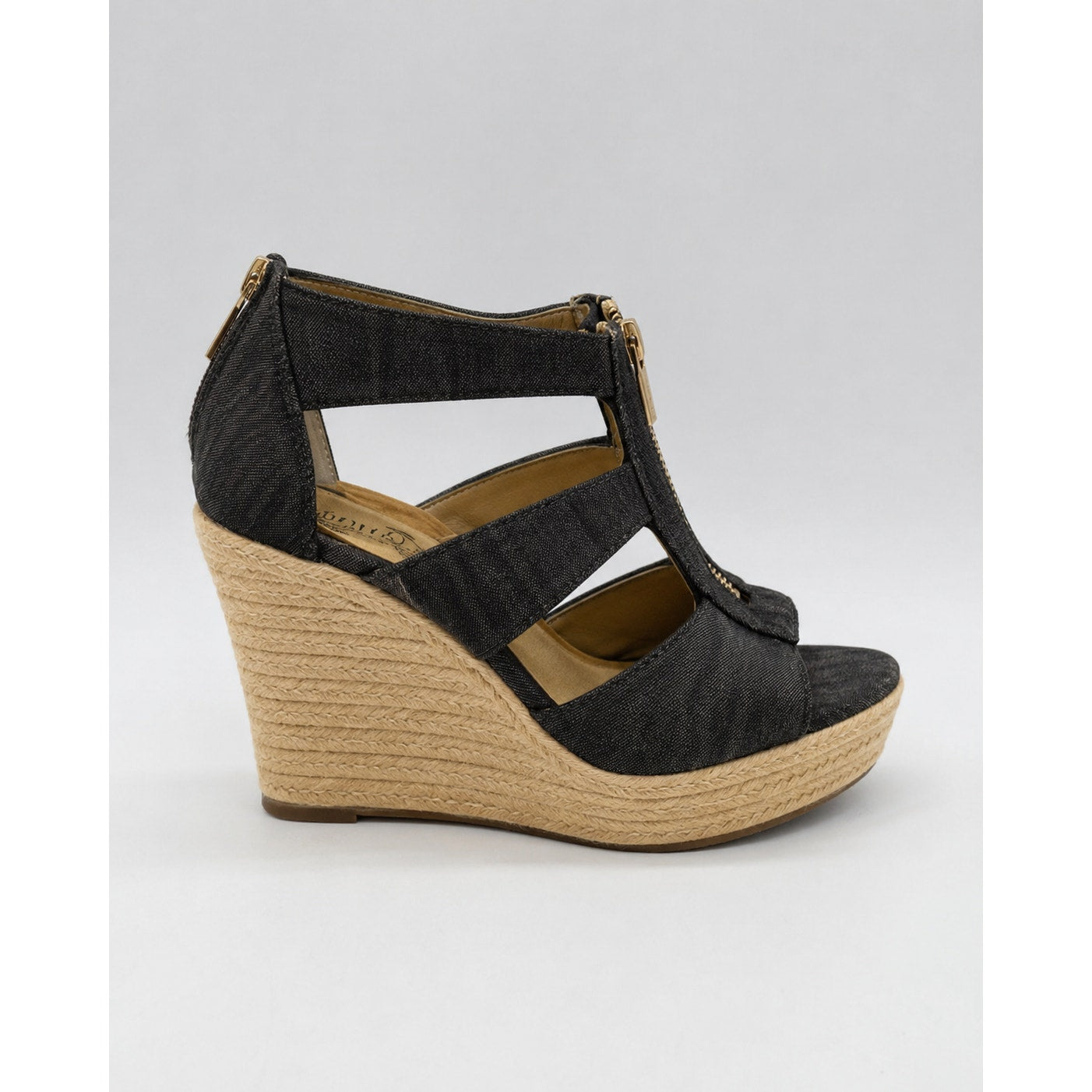 Michael Kors Damita Logo Wedge Sandals Size 8 Black Gray Zip Espadrille