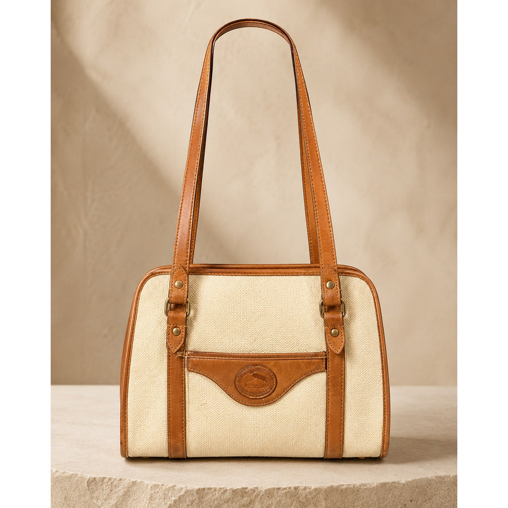 Vintage Dooney & Bourke Cream Tan Canvas Leather Shoulder Bag Made in USA