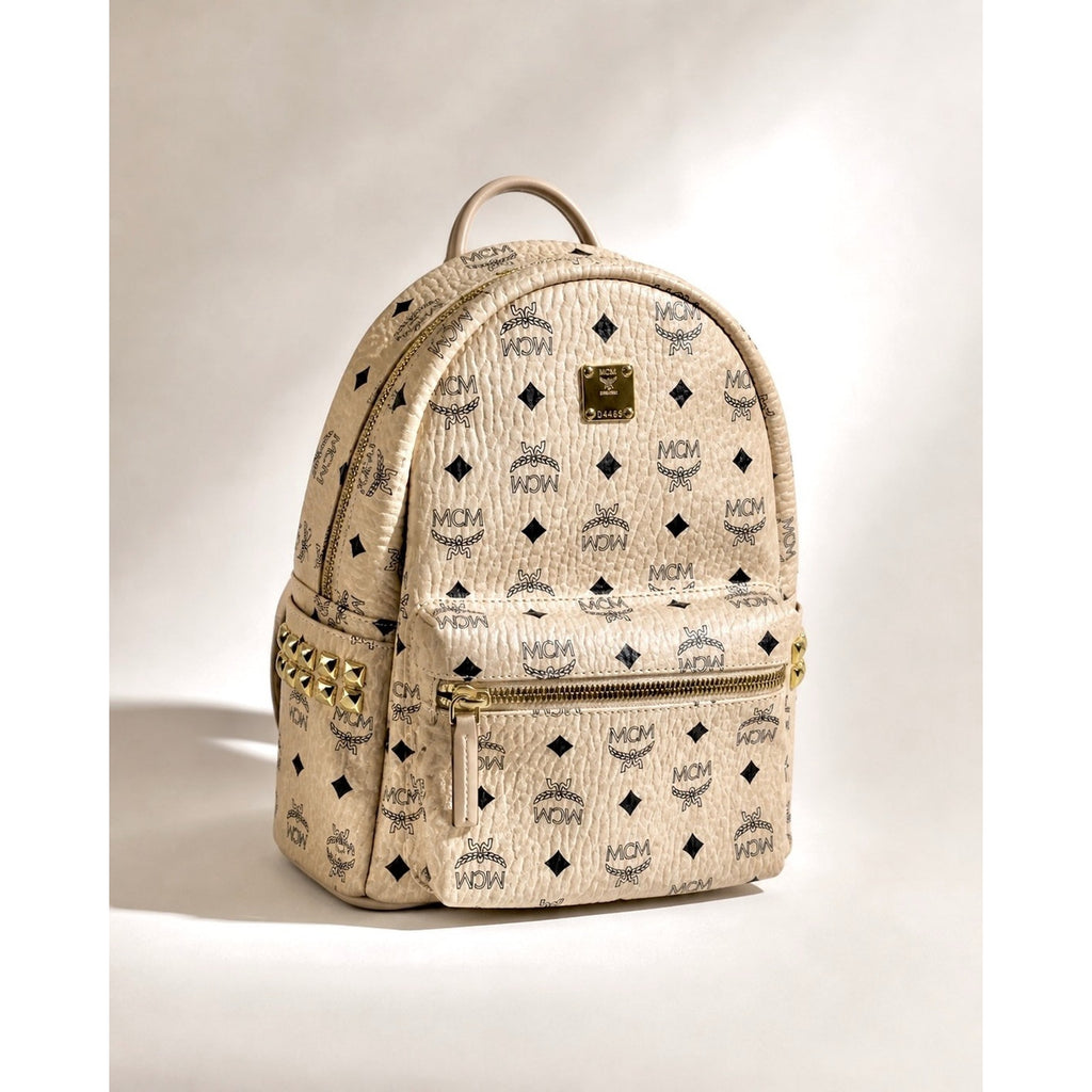 MCM Stark Side Studs Visetos Backpack Beige Leather Trim Small