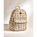 MCM Stark Side Studs Visetos Backpack Beige Leather Trim Small