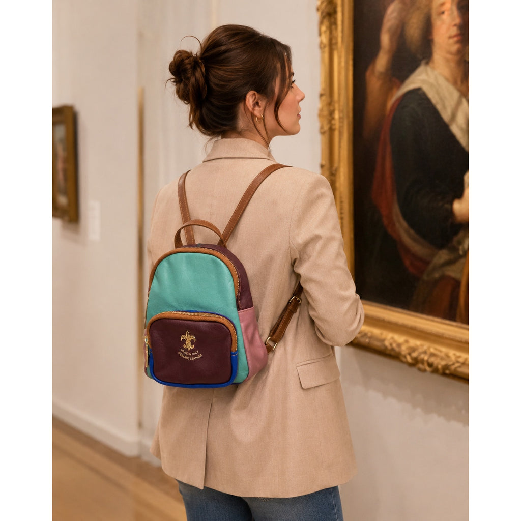 Multicolor Genuine Leather Mini Backpack Crossbody Bag Fleur-de-Lis
