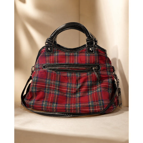 Chaps Red Tartan Plaid Shoulder Satchel Black Patent Trim Y2K Bag