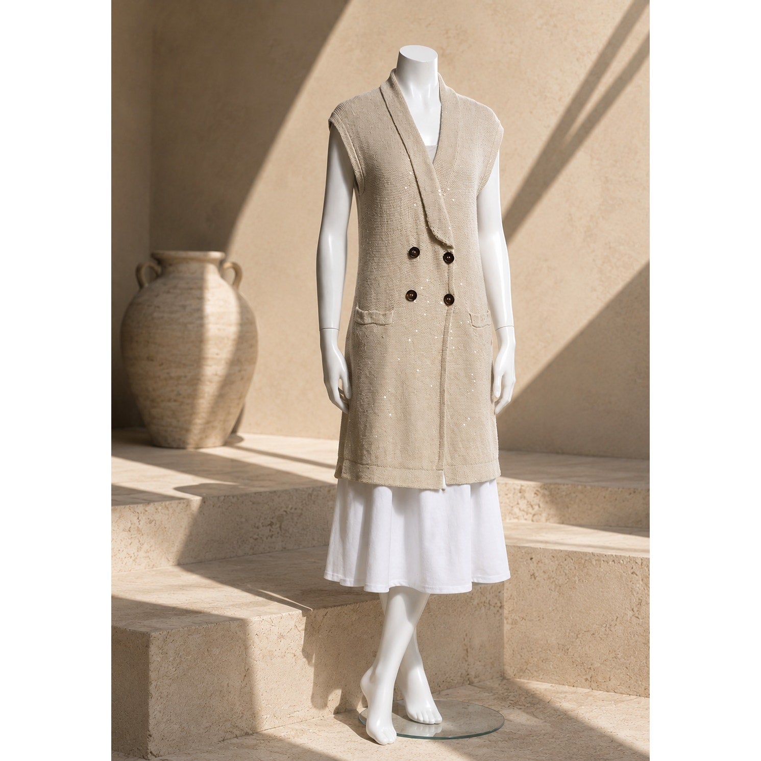 Brunello Cucinelli V-Neck Cardigan Vest Sequin Beige Size S
