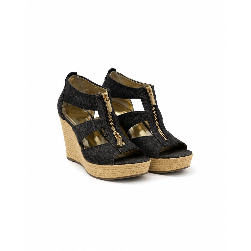 Michael Kors Damita Logo Wedge Sandals Size 8 Black Gray Zip Espadrille