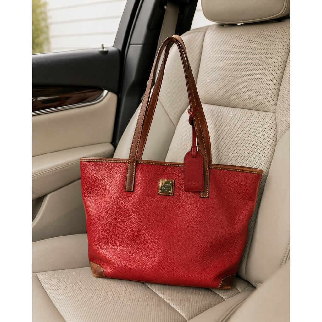 Dooney & Bourke Red Pebbled Leather Medium Tote Tan Trim Gold Hardware
