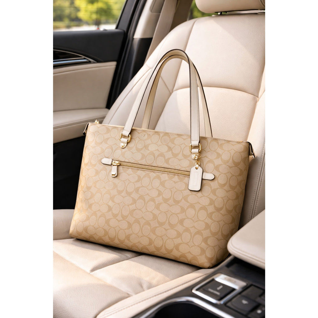 Authentic Coach Gallery Tote shoulder bag in khaki signature canvas with chalk leather trim and gold tone hardware