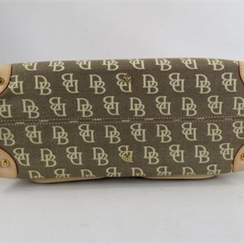Dooney & Bourke Signature DB Monogram Pocket Satchel Tan Brown Leather Trim