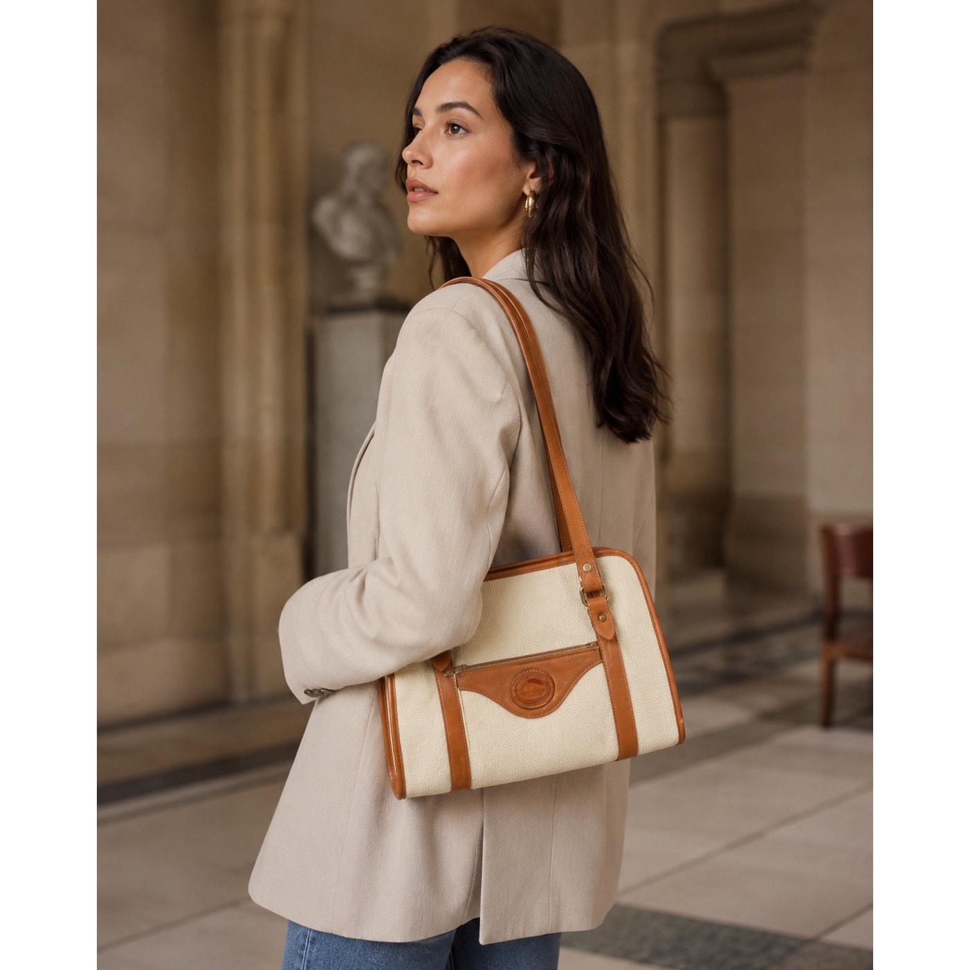 Vintage Dooney & Bourke Cream Tan Canvas Leather Shoulder Bag Made in USA
