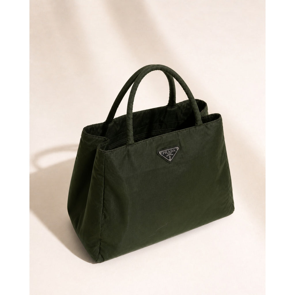 Prada Tessuto Nylon Top Handle Tote Bag Dark Green Triangle Logo