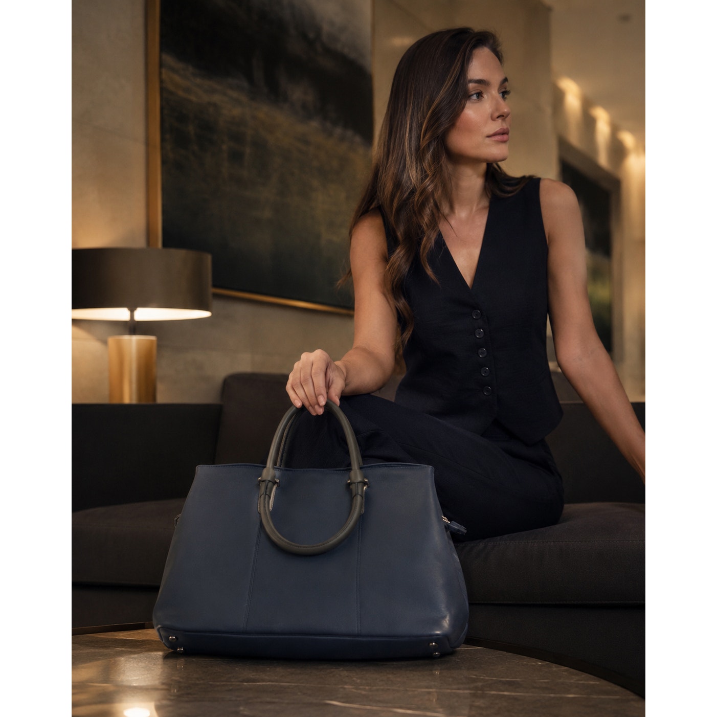 Ted Baker Navy Blue Pebbled Leather Large Tote Gray Handles