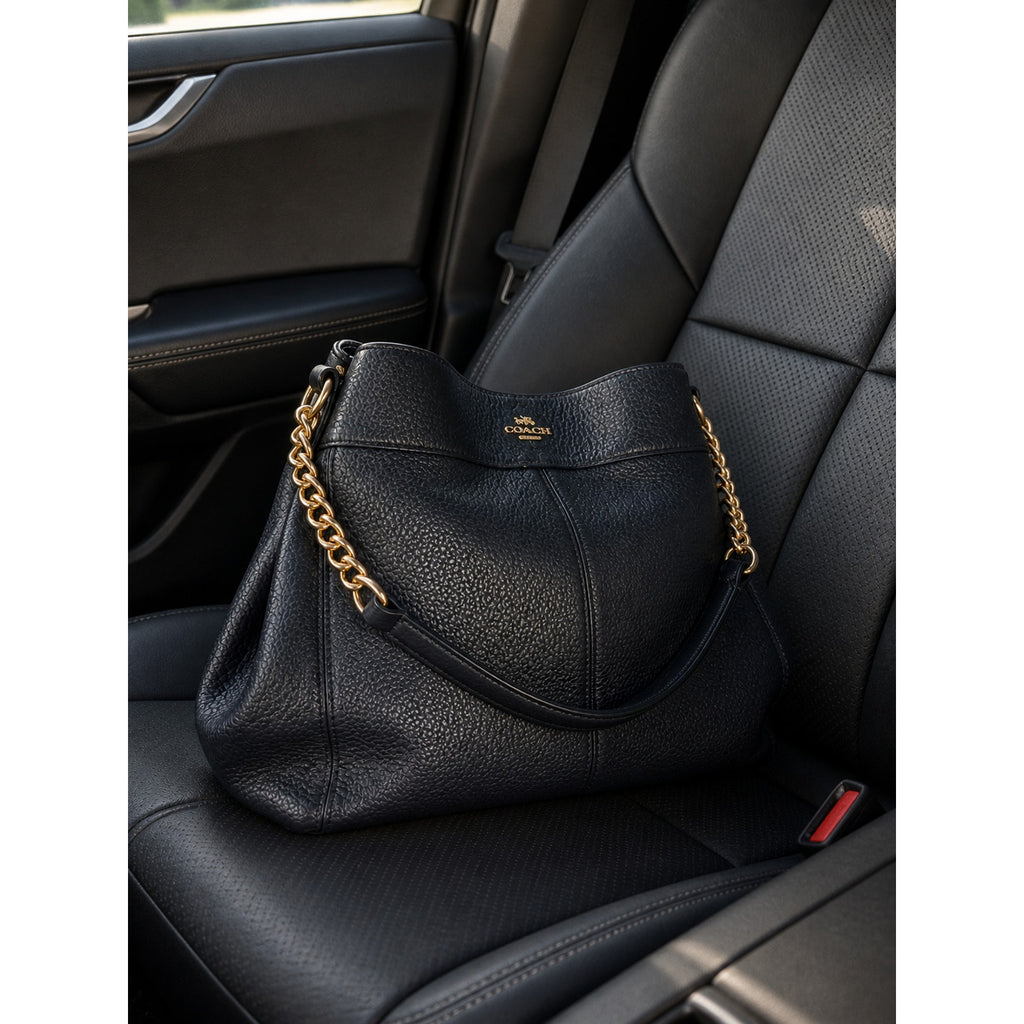 Coach Lexy Black Pebbled Leather Chain Shoulder Bag Gold Hardware Purse