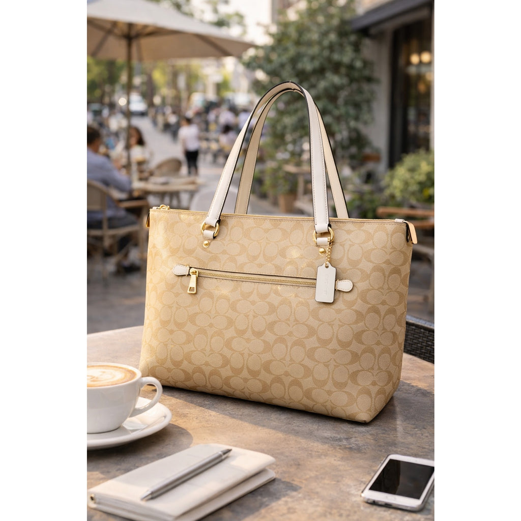 Authentic Coach Gallery Tote shoulder bag in khaki signature canvas with chalk leather trim and gold tone hardware