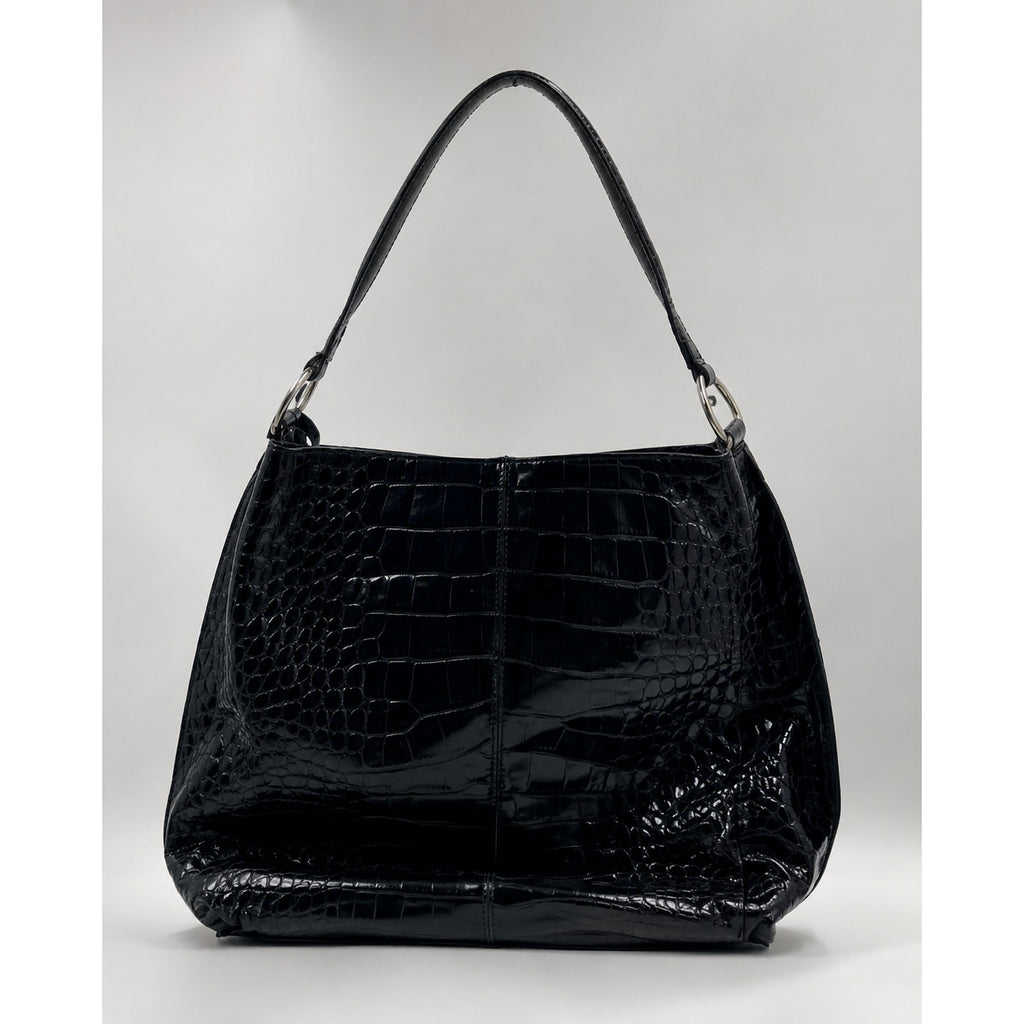 Furla Large Black Croc Embossed Patent Leather Hobo Shoulder Bag