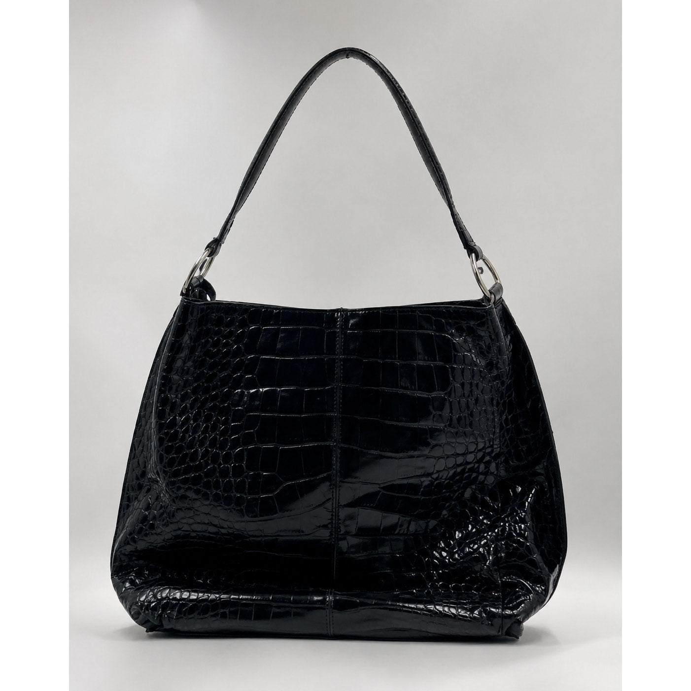 Furla Large Black Croc Embossed Patent Leather Hobo Shoulder Bag