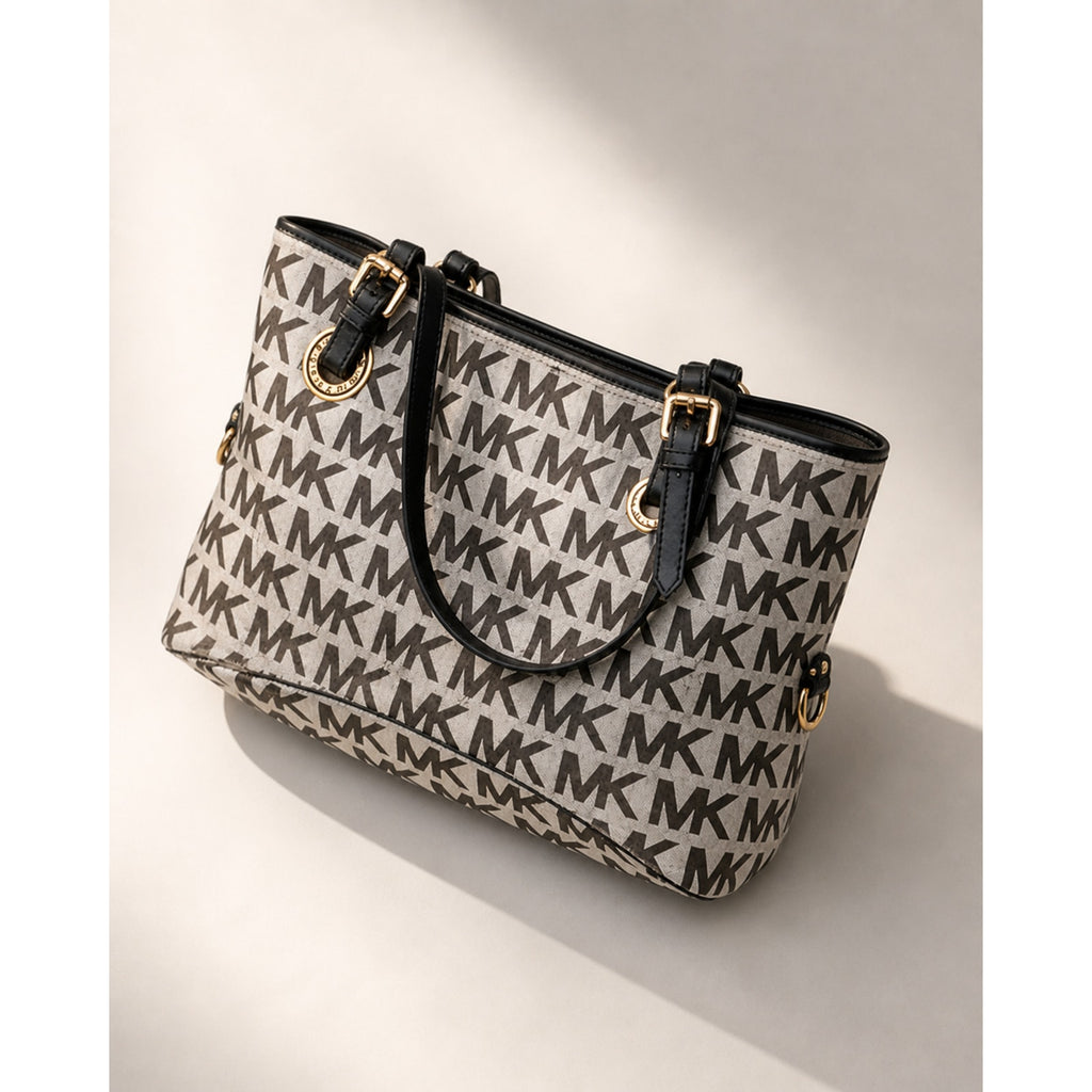 Michael Kors Jet Set MK Logo Tote Signature Canvas Black Leather Bag