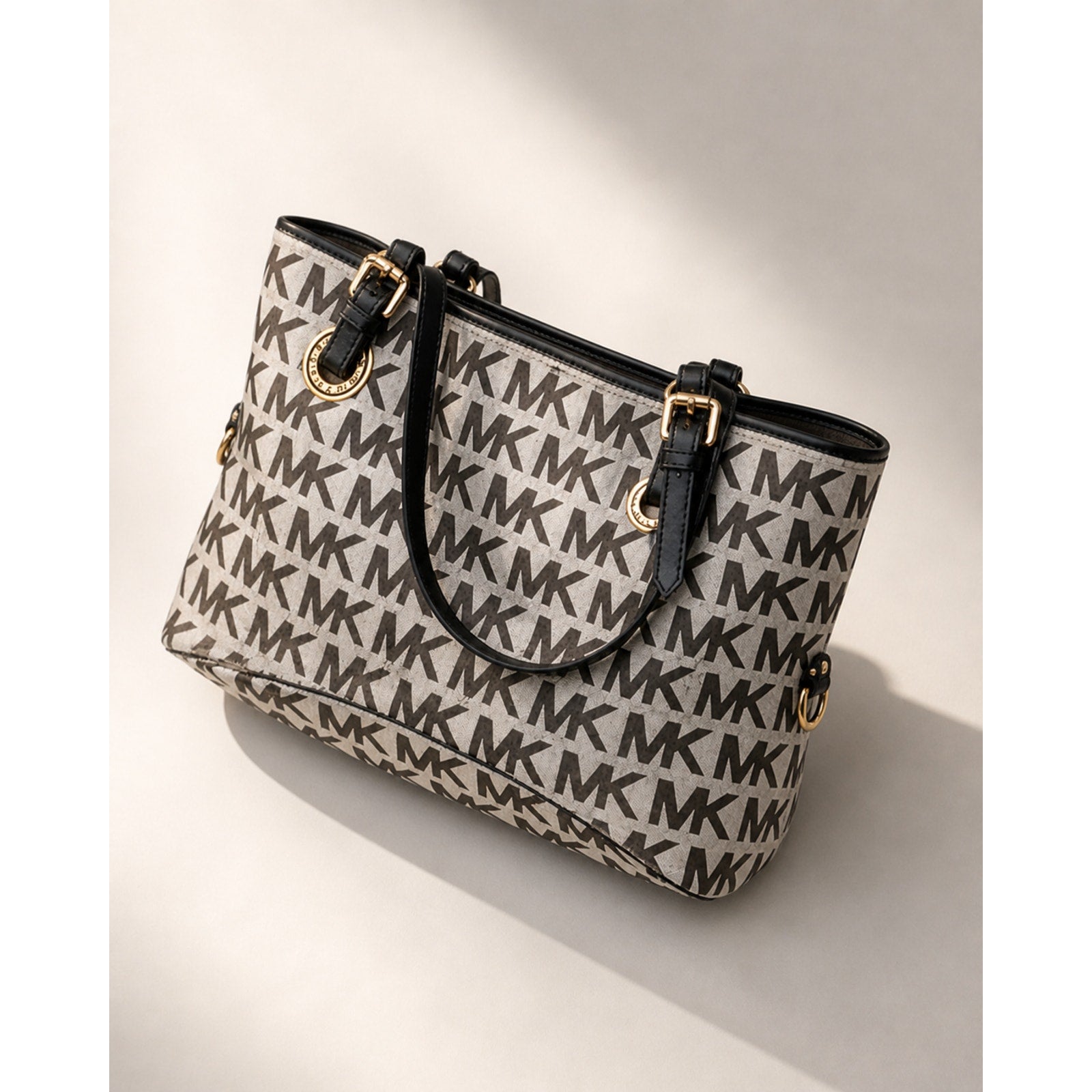 Michael Kors Jet Set MK Logo Tote Signature Canvas Black Leather Bag