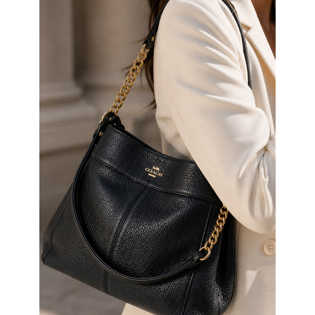 Coach Lexy Black Pebbled Leather Chain Shoulder Bag Gold Hardware Purse