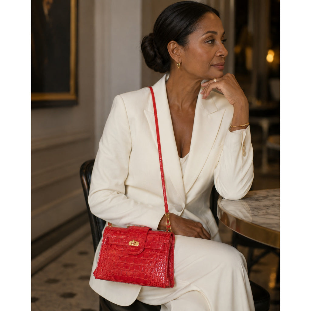Brahmin Red Croc Embossed Leather Mini Crossbody Bag Gold Hardware