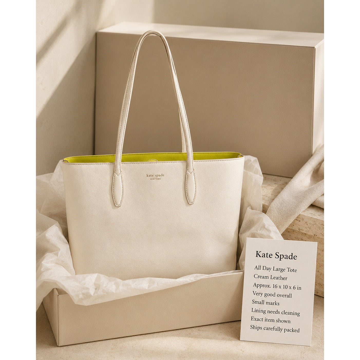 Kate Spade All Day Large Cream Lime Leather Tote Work Bag