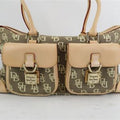 Dooney & Bourke Signature DB Monogram Pocket Satchel Tan Brown Leather Trim